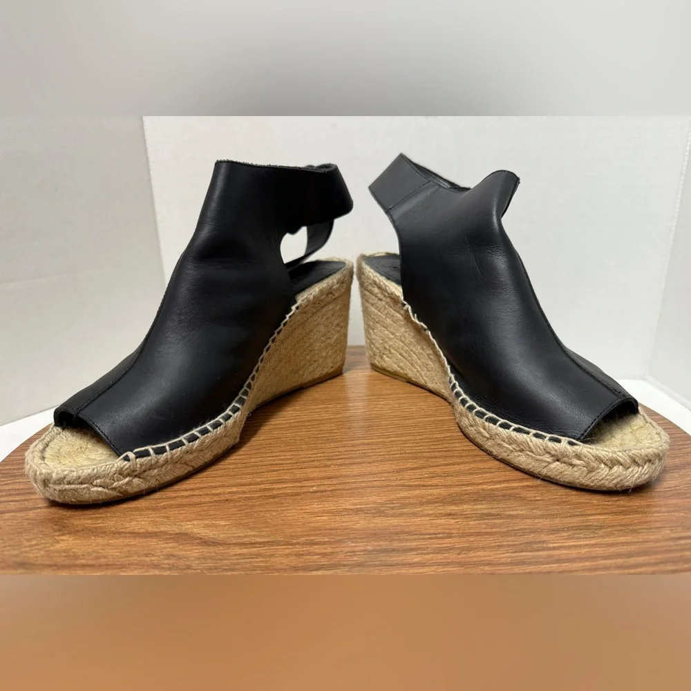 Vince Seymour Covered Black Leather Open Toe Espadrille Jute Wedge Sandal 9M